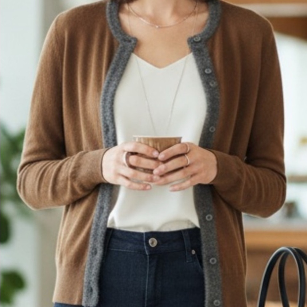 ANN TAYLOR Brown Cardigan with Gray Trim Size Small